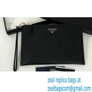 Prada Saffiano Leather Pouch Clutch Bag 2NG005 Enameled metal triangle logo Black/Silver - Click Image to Close