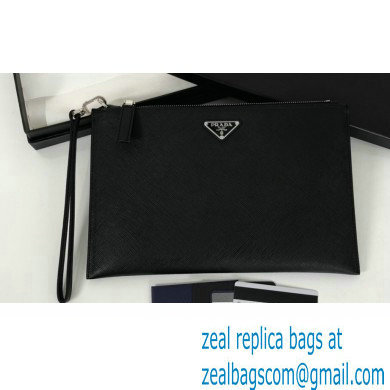 Prada Saffiano Leather Pouch Clutch Bag 2NG005 Enameled metal triangle logo Black/Silver