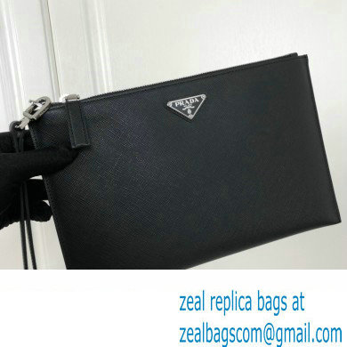 Prada Saffiano Leather Pouch Clutch Bag 2NG005 Enameled metal triangle logo Black/Silver