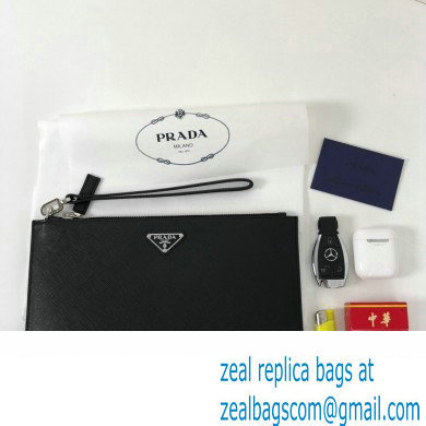 Prada Saffiano Leather Pouch Clutch Bag 2NG005 Enameled metal triangle logo Black/Silver