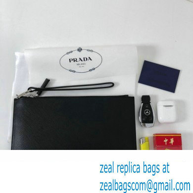 Prada Saffiano Leather Pouch Clutch Bag 2NG005 metal lettering logo Black/Silver - Click Image to Close