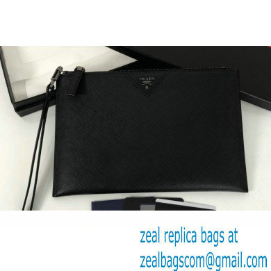 Prada Saffiano Leather Pouch Clutch Bag 2NG005 triangle and metal lettering logo Black/Silver