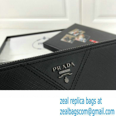 Prada Saffiano Leather Pouch Clutch Bag 2NG005 triangle and metal lettering logo Black/Silver
