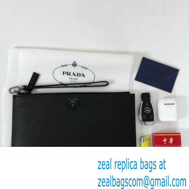 Prada Saffiano Leather Pouch Clutch Bag 2NG005 triangle and metal lettering logo Black/Silver