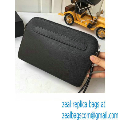 Prada Saffiano Leather Pouch Clutch Bag 2VF056 Enameled metal triangle logo Black/Silver - Click Image to Close