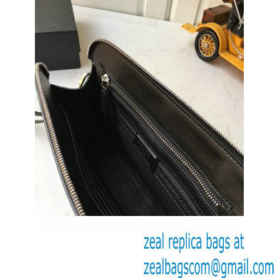 Prada Saffiano Leather Pouch Clutch Bag 2VF056 Enameled metal triangle logo Black/Silver - Click Image to Close