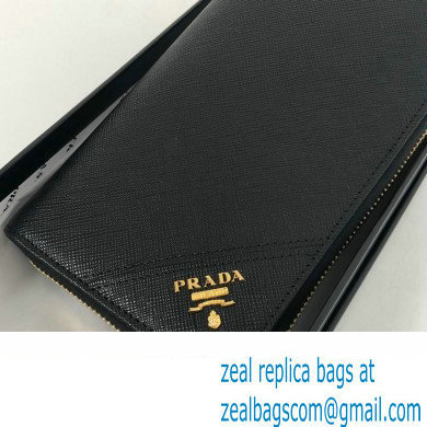 Prada Saffiano Leather Zip Wallet 2M1317 Metal lettering logo Black/Gold