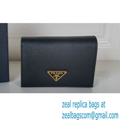 Prada Small Saffiano Leather Wallet 1MV021 Enameled metal triangle logo Black/Gold - Click Image to Close