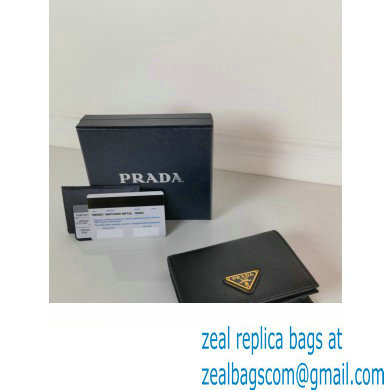 Prada Small Saffiano Leather Wallet 1MV021 Enameled metal triangle logo Black/Gold