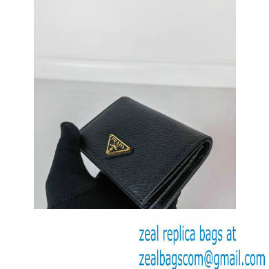 Prada Small Saffiano Leather Wallet 1MV021 Enameled metal triangle logo Black/Gold - Click Image to Close