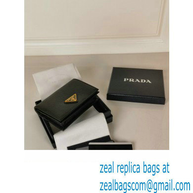 Prada Small Saffiano Leather Wallet 1MV021 Enameled metal triangle logo Black/Gold - Click Image to Close