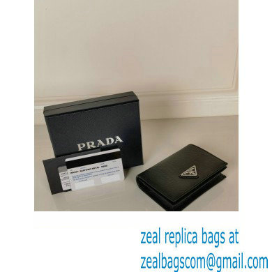 Prada Small Saffiano Leather Wallet 1MV021 Enameled metal triangle logo Black/Silver - Click Image to Close