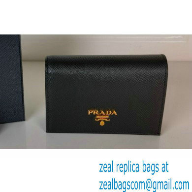 Prada Small Saffiano Leather Wallet 1MV021 Metal lettering logo Black/Gold