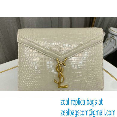 Saint Laurent cassandra medium chain bag in crocodile-embossed shiny leather 532750 White