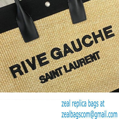 Saint Laurent rive gauche shopping Tote bag in embroidered raffia and vegetable-tanned leather 499290 Black - Click Image to Close