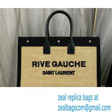 Saint Laurent rive gauche shopping Tote bag in embroidered raffia and vegetable-tanned leather 499290 Black - Click Image to Close