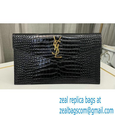 Saint Laurent uptown pouch in crocodile-embossed shiny leather 565739 Black - Click Image to Close