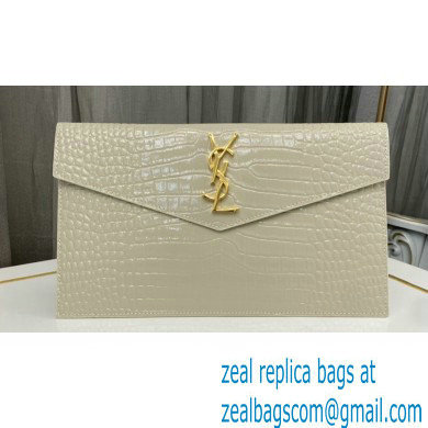 Saint Laurent uptown pouch in crocodile-embossed shiny leather 565739 White - Click Image to Close