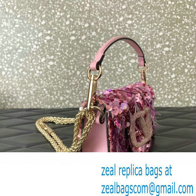 Valentino Loco Small Shoulder Bag in 3D Sequins Embroidery Pink 2023 - Click Image to Close