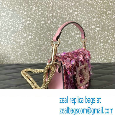 Valentino Loco Small Shoulder Bag in 3D Sequins Embroidery Pink 2023