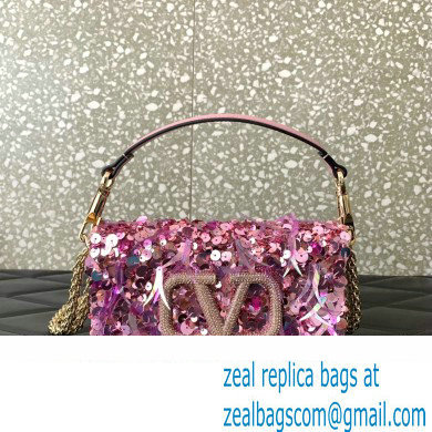 Valentino Loco Small Shoulder Bag in 3D Sequins Embroidery Pink 2023 - Click Image to Close