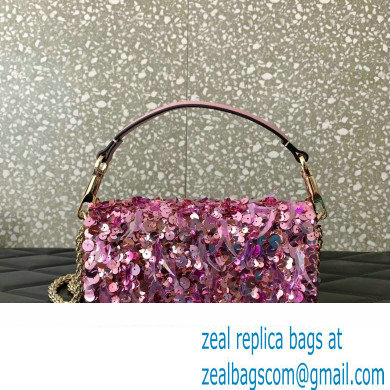 Valentino Loco Small Shoulder Bag in 3D Sequins Embroidery Pink 2023 - Click Image to Close