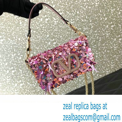 Valentino Loco Small Shoulder Bag in 3D Sequins Embroidery Pink 2023 - Click Image to Close