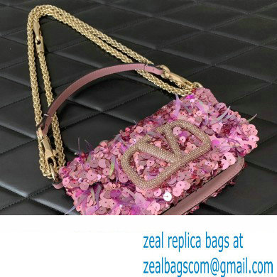 Valentino Loco Small Shoulder Bag in 3D Sequins Embroidery Pink 2023 - Click Image to Close