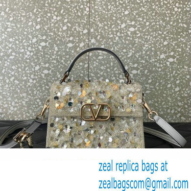 Valentino Mini VSling Bag in Beads 3D Embroidery with Crystals and Sequins Silver 2023 - Click Image to Close