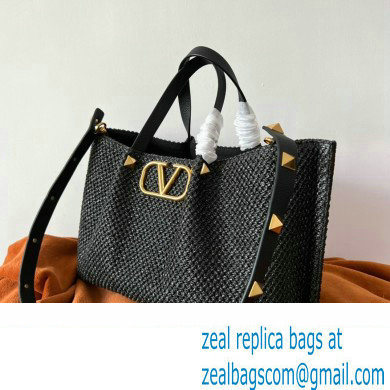 Valentino VLogo raffia Straw tote Large bag black 2022 - Click Image to Close