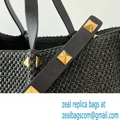 Valentino VLogo raffia Straw tote Large bag black 2022 - Click Image to Close