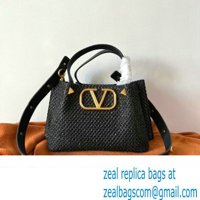 Valentino VLogo raffia Straw tote Small bag black 2022 - Click Image to Close