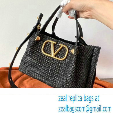 Valentino VLogo raffia Straw tote Small bag black 2022 - Click Image to Close