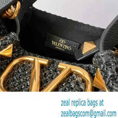 Valentino VLogo raffia Straw tote Small bag black 2022 - Click Image to Close