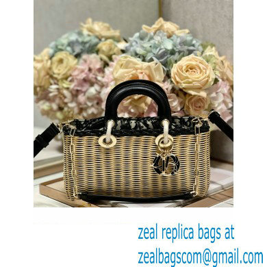 dior Medium Lady D-Joy Bag in Natural and Black Wicker and Blue Dior Oblique Jacquard 2023