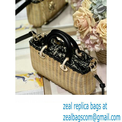 dior Medium Lady D-Joy Bag in Natural and Black Wicker and Blue Dior Oblique Jacquard 2023