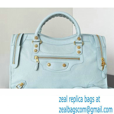 Balenciaga Classic City Large Handbag with Spiral Hardware in Arena Lambskin Baby Blue/Gold