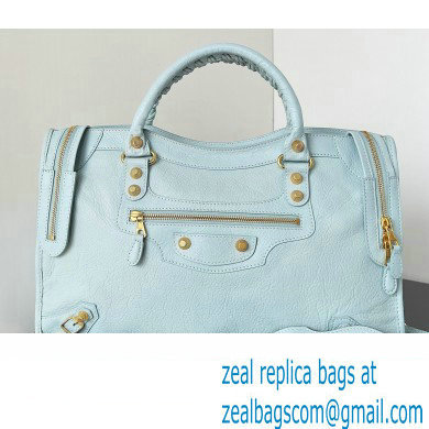 Balenciaga Classic City Large Handbag with Spiral Hardware in Arena Lambskin Baby Blue/Gold - Click Image to Close