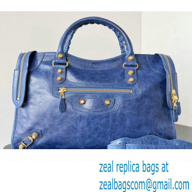 Balenciaga Classic City Large Handbag with Spiral Hardware in Arena Lambskin Blue/Gold - Click Image to Close