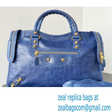 Balenciaga Classic City Large Handbag with Spiral Hardware in Arena Lambskin Blue/Gold