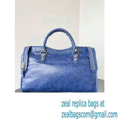 Balenciaga Classic City Large Handbag with Spiral Hardware in Arena Lambskin Blue/Gold - Click Image to Close