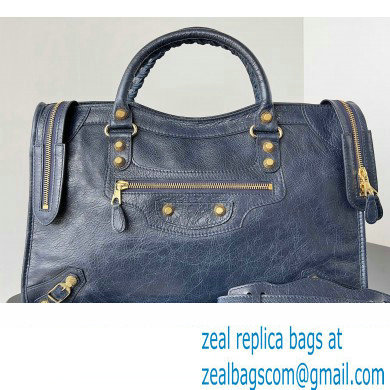 Balenciaga Classic City Large Handbag with Spiral Hardware in Arena Lambskin Dark Blue/Gold