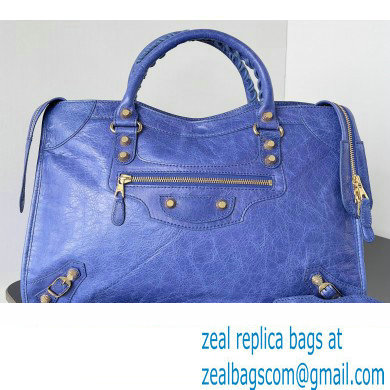 Balenciaga Classic City Large Handbag with Spiral Hardware in Arena Lambskin Electric Blue/Gold - Click Image to Close