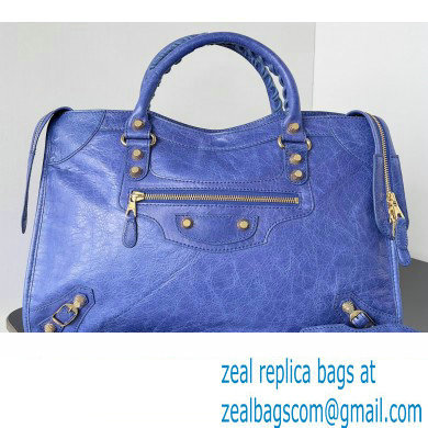 Balenciaga Classic City Large Handbag with Spiral Hardware in Arena Lambskin Electric Blue/Gold