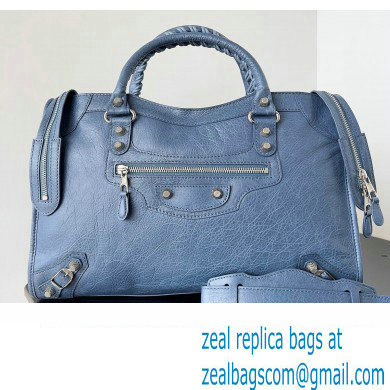 Balenciaga Classic City Large Handbag with Spiral Hardware in Arena Lambskin Navy Blue/Silver