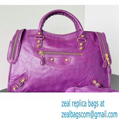 Balenciaga Classic City Large Handbag with Spiral Hardware in Arena Lambskin Purple/Gold