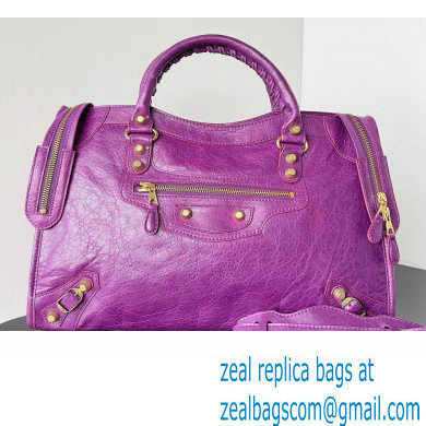 Balenciaga Classic City Large Handbag with Spiral Hardware in Arena Lambskin Purple/Gold - Click Image to Close