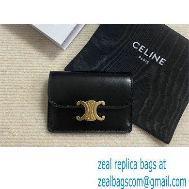 CELINE CARD HOLDER WITH FLAP TRIOMPHE in Shiny calfskin Black 10I583 2023 - Click Image to Close