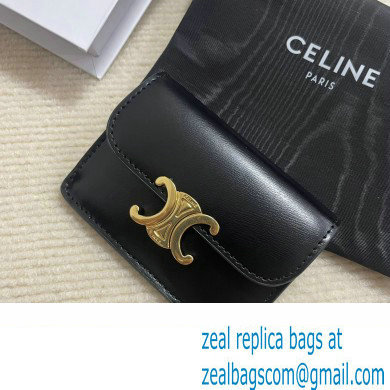 CELINE CARD HOLDER WITH FLAP TRIOMPHE in Shiny calfskin Black 10I583 2023 - Click Image to Close