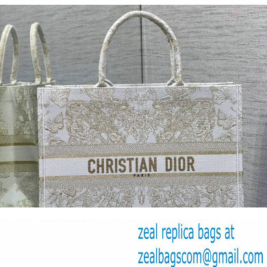 Dior Large Book Tote Bag in Gold-tone and White Butterfly Around The World Embroidery